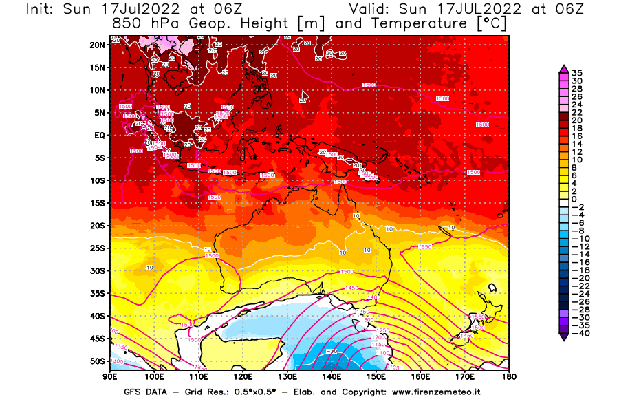 Mappa di analisi GFS - Geopotenziale [m] e Temperatura [°C] a 850 hPa in Oceania
							del 17/07/2022 06 <!--googleoff: index-->UTC<!--googleon: index-->