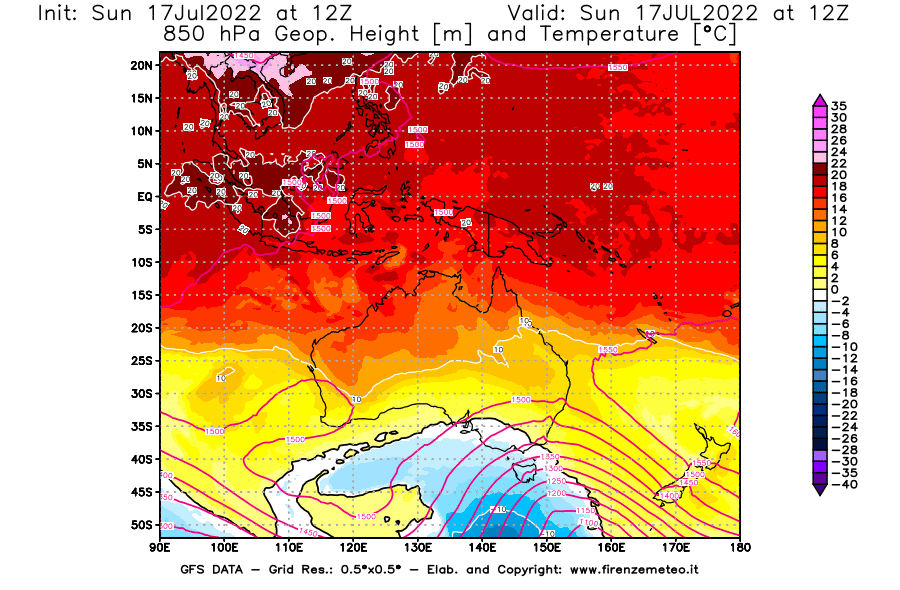 Mappa di analisi GFS - Geopotenziale [m] e Temperatura [°C] a 850 hPa in Oceania
							del 17/07/2022 12 <!--googleoff: index-->UTC<!--googleon: index-->