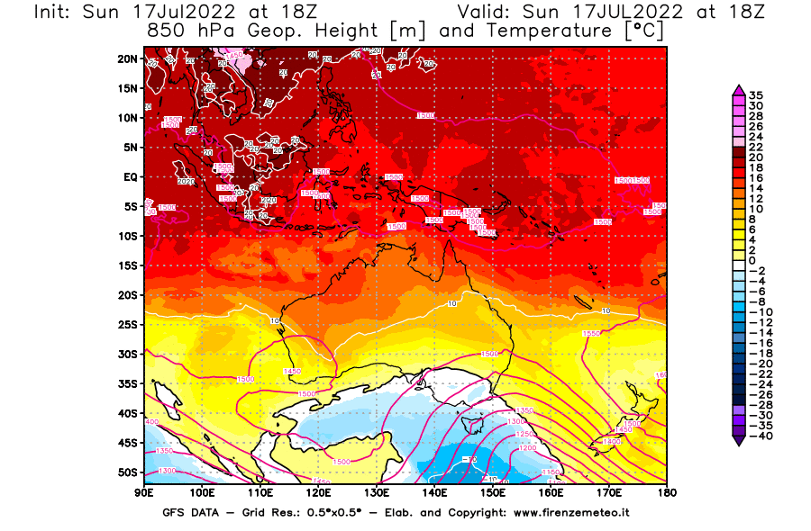 Mappa di analisi GFS - Geopotenziale [m] e Temperatura [°C] a 850 hPa in Oceania
							del 17/07/2022 18 <!--googleoff: index-->UTC<!--googleon: index-->