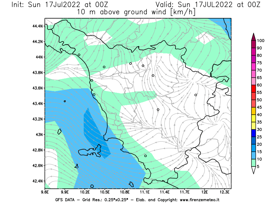 Mappa di analisi GFS - Velocità del vento a 10 metri dal suolo [km/h] in Toscana
							del 17/07/2022 00 <!--googleoff: index-->UTC<!--googleon: index-->