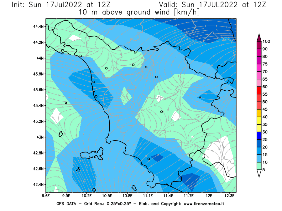 Mappa di analisi GFS - Velocità del vento a 10 metri dal suolo [km/h] in Toscana
							del 17/07/2022 12 <!--googleoff: index-->UTC<!--googleon: index-->