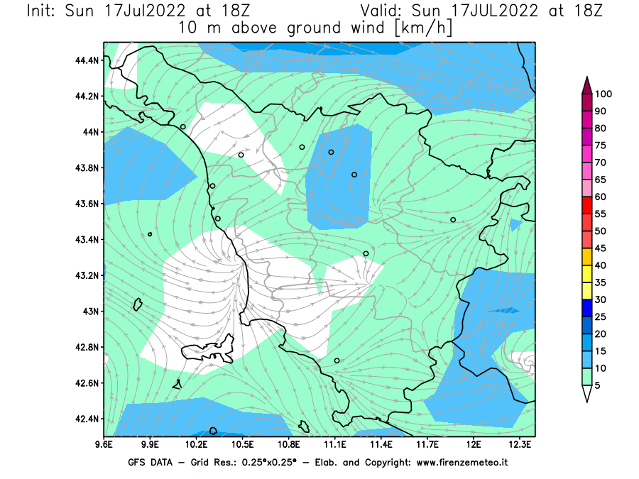 Mappa di analisi GFS - Velocità del vento a 10 metri dal suolo [km/h] in Toscana
							del 17/07/2022 18 <!--googleoff: index-->UTC<!--googleon: index-->