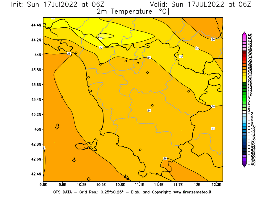 Mappa di analisi GFS - Temperatura a 2 metri dal suolo [°C] in Toscana
							del 17/07/2022 06 <!--googleoff: index-->UTC<!--googleon: index-->