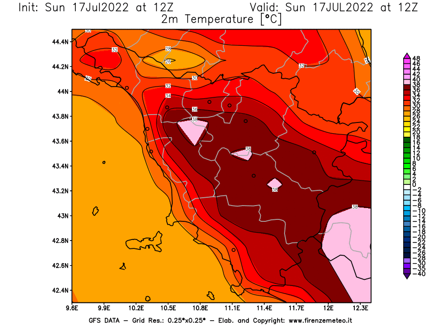 Mappa di analisi GFS - Temperatura a 2 metri dal suolo [°C] in Toscana
							del 17/07/2022 12 <!--googleoff: index-->UTC<!--googleon: index-->