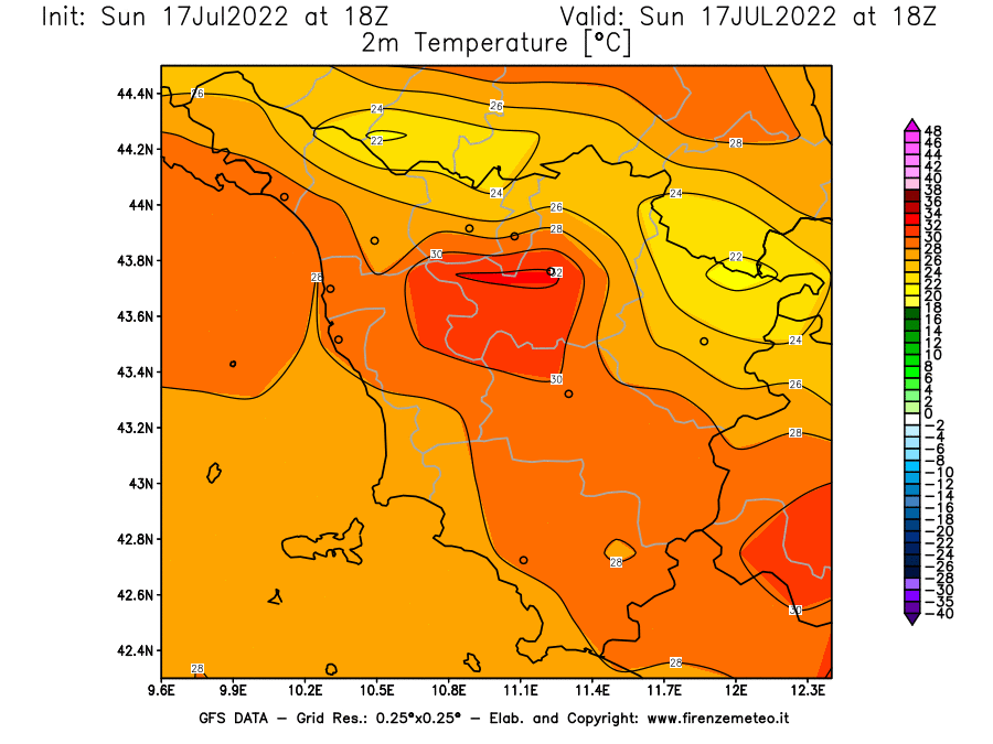 Mappa di analisi GFS - Temperatura a 2 metri dal suolo [°C] in Toscana
							del 17/07/2022 18 <!--googleoff: index-->UTC<!--googleon: index-->