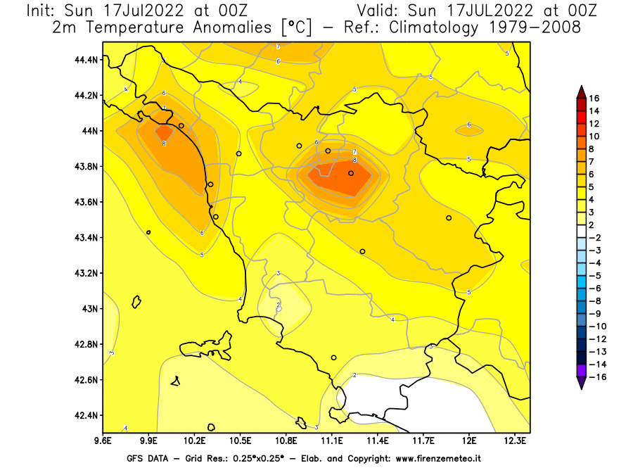 Mappa di analisi GFS - Anomalia Temperatura [°C] a 2 m in Toscana
							del 17/07/2022 00 <!--googleoff: index-->UTC<!--googleon: index-->