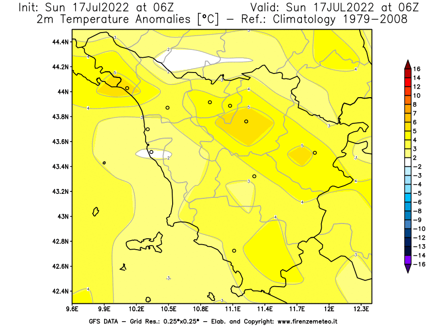 Mappa di analisi GFS - Anomalia Temperatura [°C] a 2 m in Toscana
							del 17/07/2022 06 <!--googleoff: index-->UTC<!--googleon: index-->