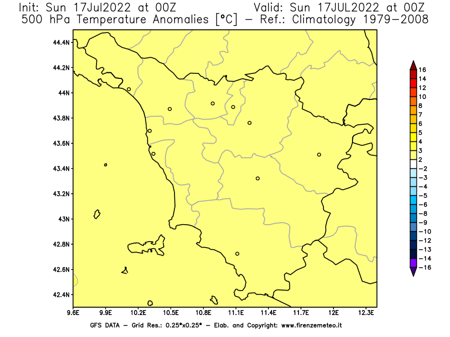 Mappa di analisi GFS - Anomalia Temperatura [°C] a 500 hPa in Toscana
							del 17/07/2022 00 <!--googleoff: index-->UTC<!--googleon: index-->