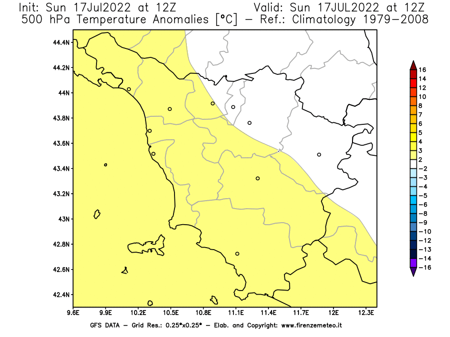 Mappa di analisi GFS - Anomalia Temperatura [°C] a 500 hPa in Toscana
							del 17/07/2022 12 <!--googleoff: index-->UTC<!--googleon: index-->