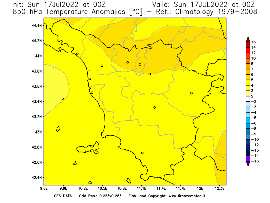 Mappa di analisi GFS - Anomalia Temperatura [°C] a 850 hPa in Toscana
							del 17/07/2022 00 <!--googleoff: index-->UTC<!--googleon: index-->
