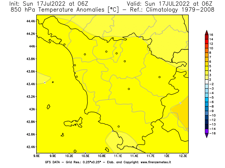 Mappa di analisi GFS - Anomalia Temperatura [°C] a 850 hPa in Toscana
							del 17/07/2022 06 <!--googleoff: index-->UTC<!--googleon: index-->