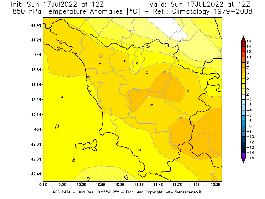 Mappa di analisi GFS - Anomalia Temperatura [°C] a 850 hPa in Toscana
							del 17/07/2022 12 <!--googleoff: index-->UTC<!--googleon: index-->