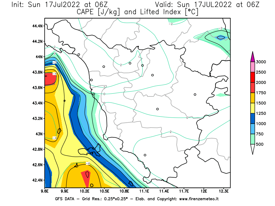 Mappa di analisi GFS - CAPE [J/kg] e Lifted Index [°C] in Toscana
							del 17/07/2022 06 <!--googleoff: index-->UTC<!--googleon: index-->