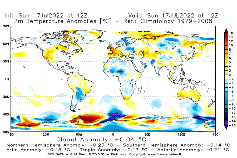Mappa di analisi GFS - Anomalia Temperatura [°C] a 2 m in World
							del 17/07/2022 12 <!--googleoff: index-->UTC<!--googleon: index-->
