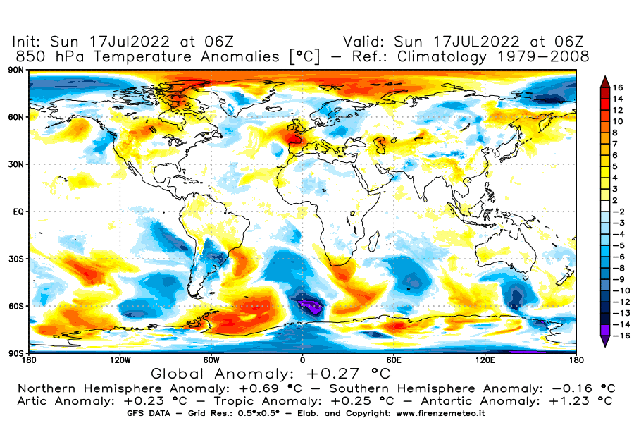 Mappa di analisi GFS - Anomalia Temperatura [°C] a 850 hPa in World
							del 17/07/2022 06 <!--googleoff: index-->UTC<!--googleon: index-->