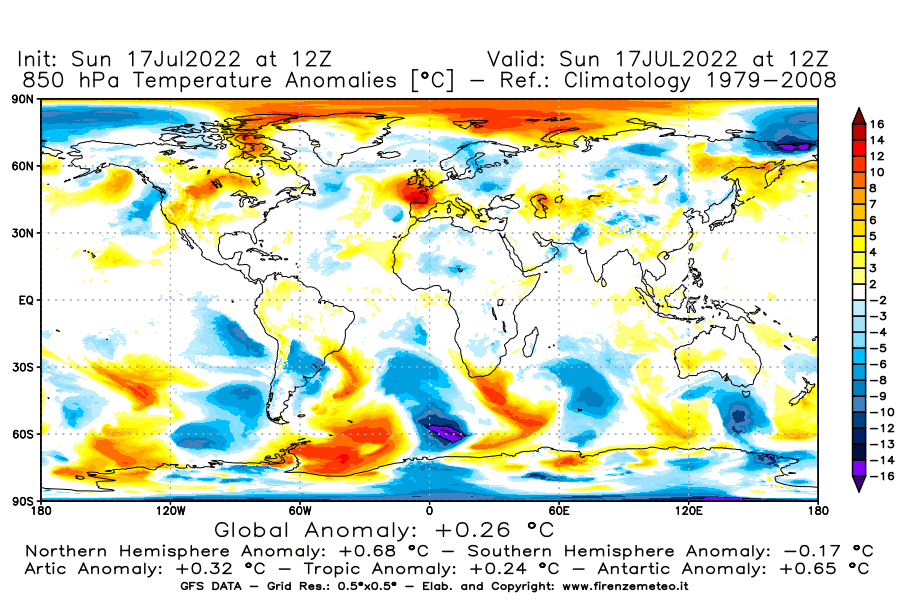 Mappa di analisi GFS - Anomalia Temperatura [°C] a 850 hPa in World
							del 17/07/2022 12 <!--googleoff: index-->UTC<!--googleon: index-->
