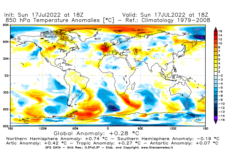 Mappa di analisi GFS - Anomalia Temperatura [°C] a 850 hPa in World
							del 17/07/2022 18 <!--googleoff: index-->UTC<!--googleon: index-->