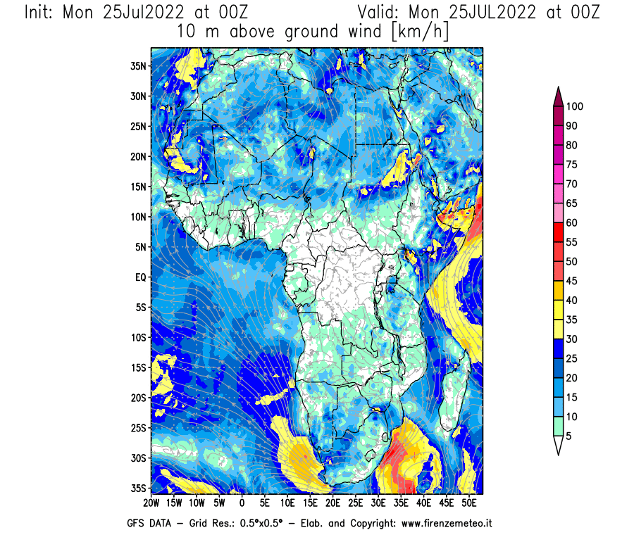 Mappa di analisi GFS - Velocità del vento a 10 metri dal suolo [km/h] in Africa
							del 25/07/2022 00 <!--googleoff: index-->UTC<!--googleon: index-->