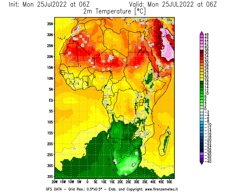 Mappa di analisi GFS - Temperatura a 2 metri dal suolo [°C] in Africa
							del 25/07/2022 06 <!--googleoff: index-->UTC<!--googleon: index-->