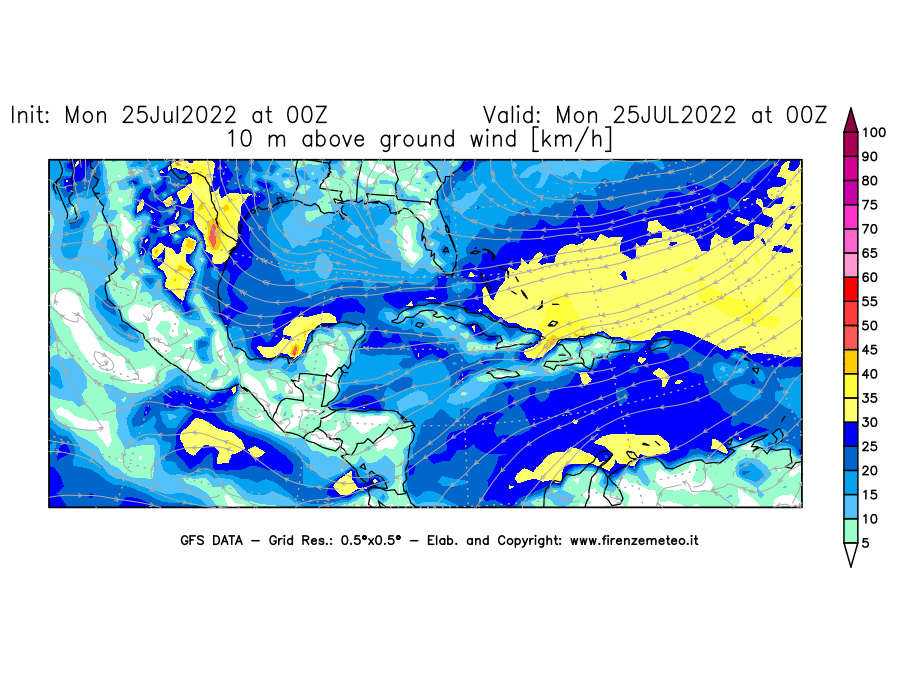 Mappa di analisi GFS - Velocità del vento a 10 metri dal suolo [km/h] in Centro-America
							del 25/07/2022 00 <!--googleoff: index-->UTC<!--googleon: index-->