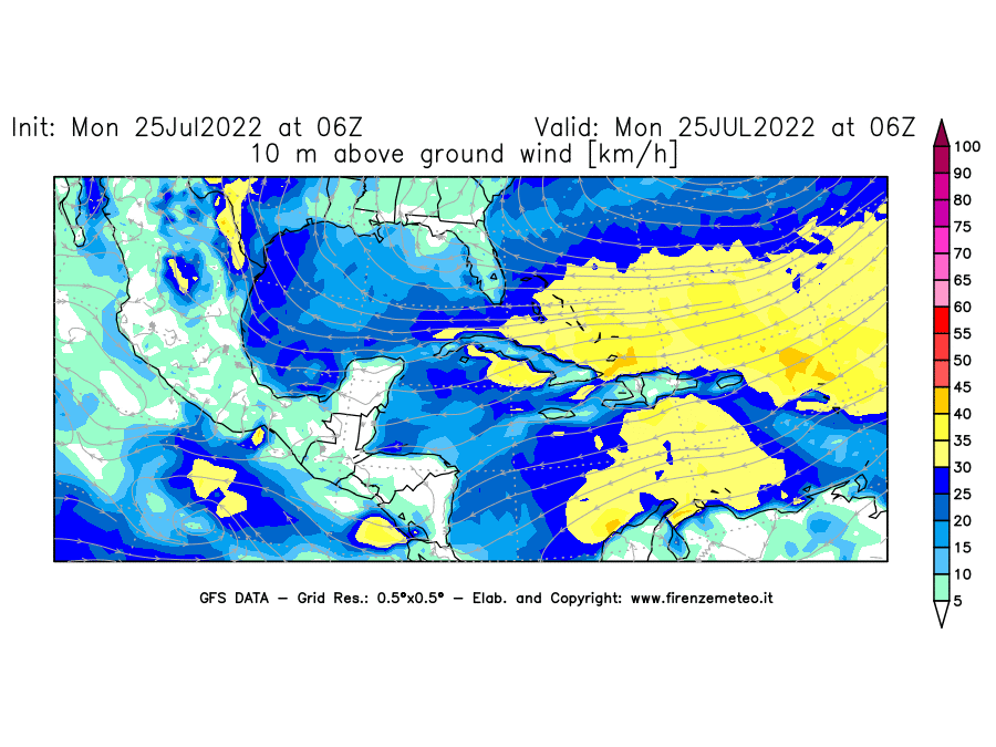 Mappa di analisi GFS - Velocità del vento a 10 metri dal suolo [km/h] in Centro-America
							del 25/07/2022 06 <!--googleoff: index-->UTC<!--googleon: index-->