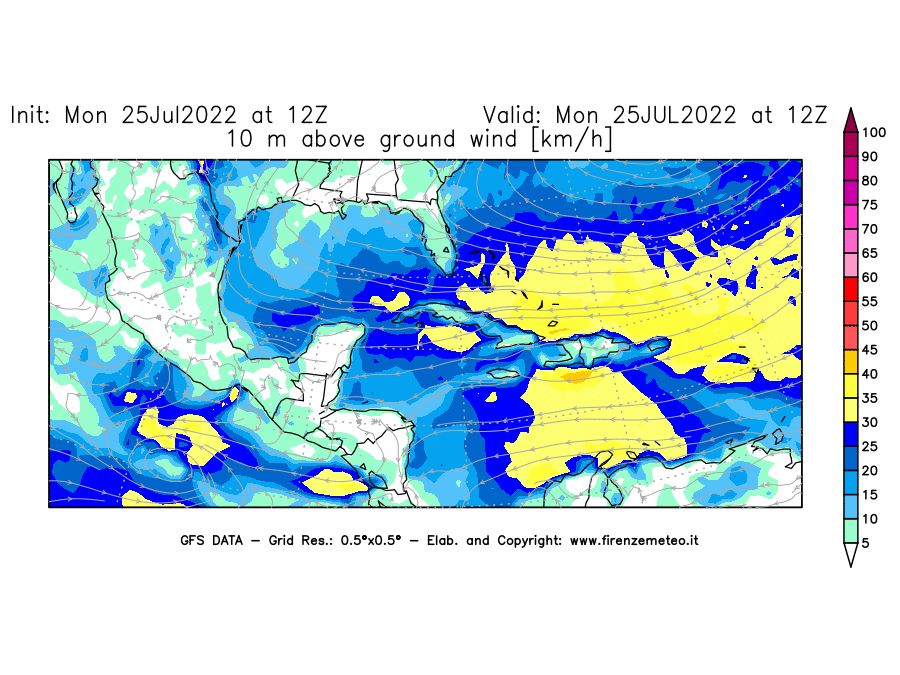 Mappa di analisi GFS - Velocità del vento a 10 metri dal suolo [km/h] in Centro-America
							del 25/07/2022 12 <!--googleoff: index-->UTC<!--googleon: index-->