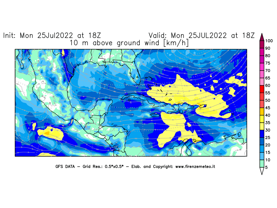 Mappa di analisi GFS - Velocità del vento a 10 metri dal suolo [km/h] in Centro-America
							del 25/07/2022 18 <!--googleoff: index-->UTC<!--googleon: index-->