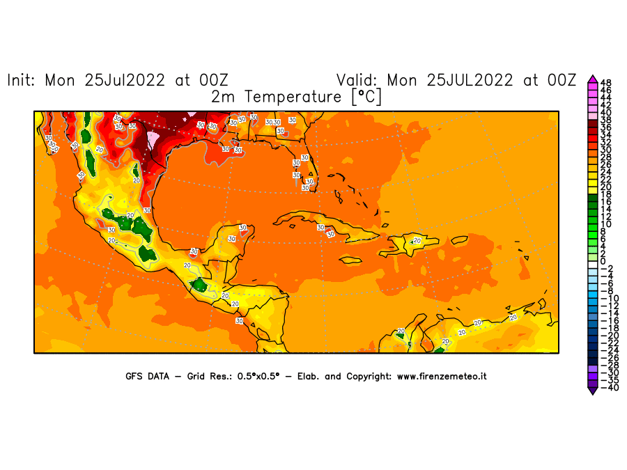Mappa di analisi GFS - Temperatura a 2 metri dal suolo [°C] in Centro-America
							del 25/07/2022 00 <!--googleoff: index-->UTC<!--googleon: index-->