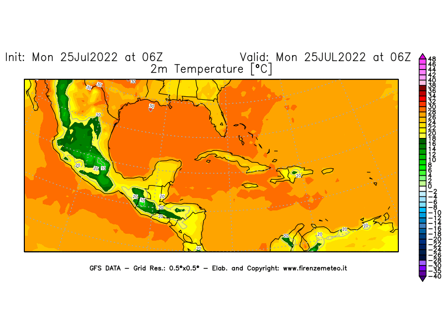 Mappa di analisi GFS - Temperatura a 2 metri dal suolo [°C] in Centro-America
							del 25/07/2022 06 <!--googleoff: index-->UTC<!--googleon: index-->