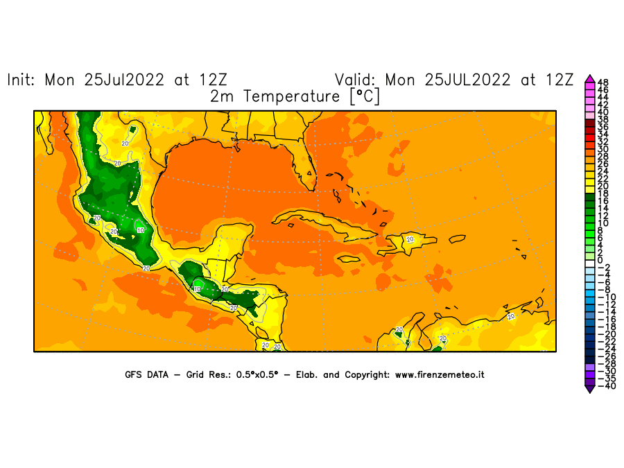 Mappa di analisi GFS - Temperatura a 2 metri dal suolo [°C] in Centro-America
							del 25/07/2022 12 <!--googleoff: index-->UTC<!--googleon: index-->