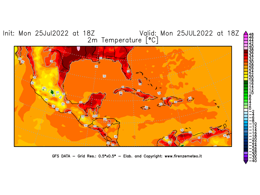 Mappa di analisi GFS - Temperatura a 2 metri dal suolo [°C] in Centro-America
							del 25/07/2022 18 <!--googleoff: index-->UTC<!--googleon: index-->