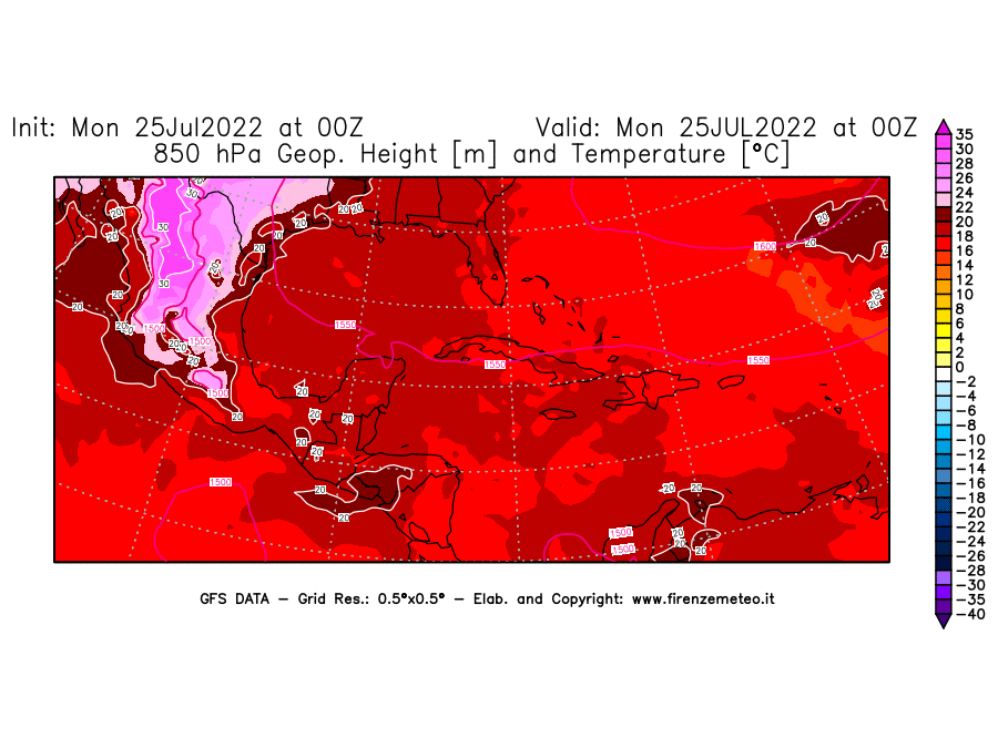 Mappa di analisi GFS - Geopotenziale [m] e Temperatura [°C] a 850 hPa in Centro-America
							del 25/07/2022 00 <!--googleoff: index-->UTC<!--googleon: index-->
