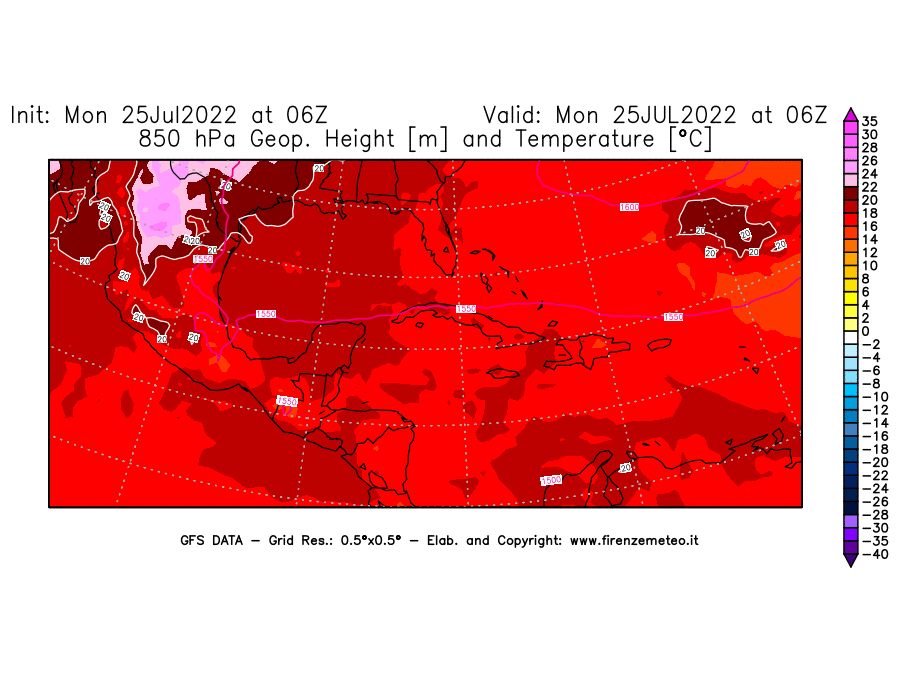 Mappa di analisi GFS - Geopotenziale [m] e Temperatura [°C] a 850 hPa in Centro-America
							del 25/07/2022 06 <!--googleoff: index-->UTC<!--googleon: index-->