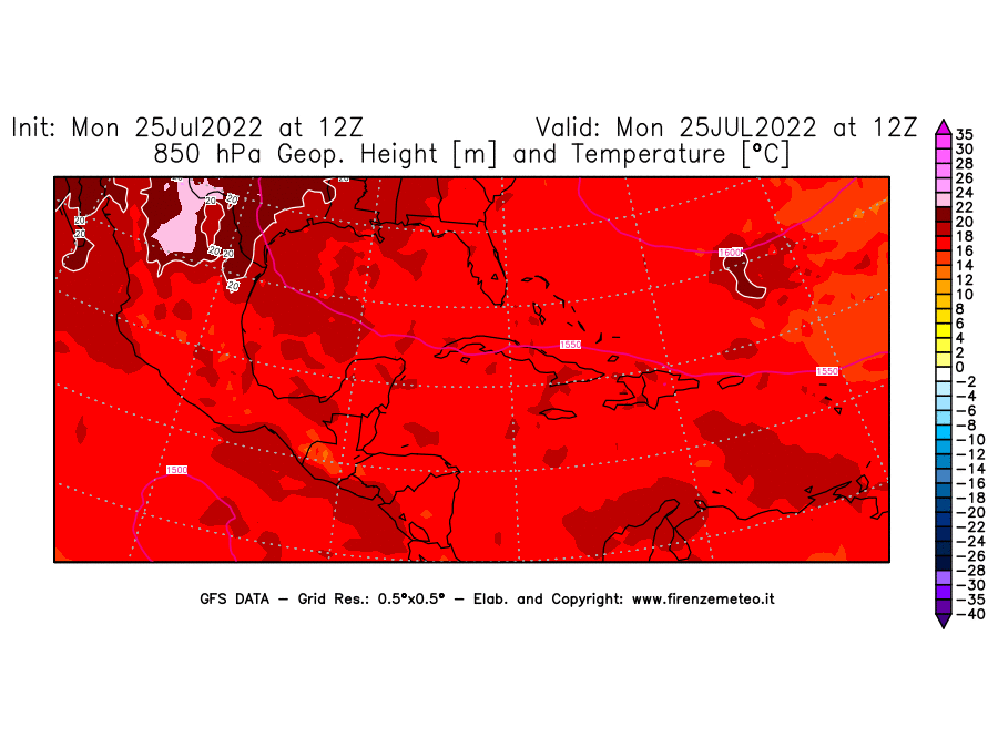 Mappa di analisi GFS - Geopotenziale [m] e Temperatura [°C] a 850 hPa in Centro-America
							del 25/07/2022 12 <!--googleoff: index-->UTC<!--googleon: index-->