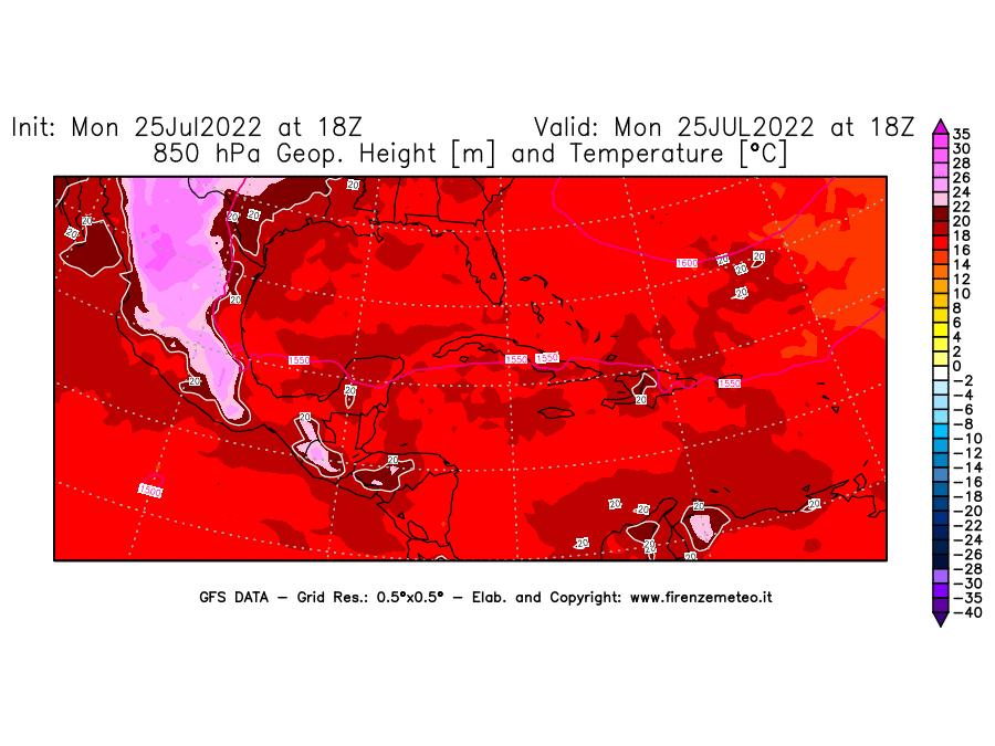 Mappa di analisi GFS - Geopotenziale [m] e Temperatura [°C] a 850 hPa in Centro-America
							del 25/07/2022 18 <!--googleoff: index-->UTC<!--googleon: index-->