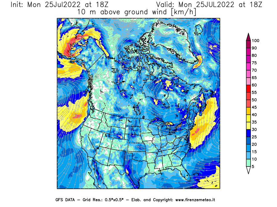 Mappa di analisi GFS - Velocità del vento a 10 metri dal suolo [km/h] in Nord-America
							del 25/07/2022 18 <!--googleoff: index-->UTC<!--googleon: index-->
