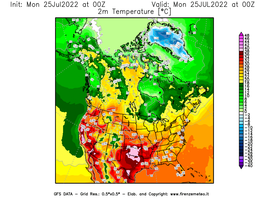 Mappa di analisi GFS - Temperatura a 2 metri dal suolo [°C] in Nord-America
							del 25/07/2022 00 <!--googleoff: index-->UTC<!--googleon: index-->