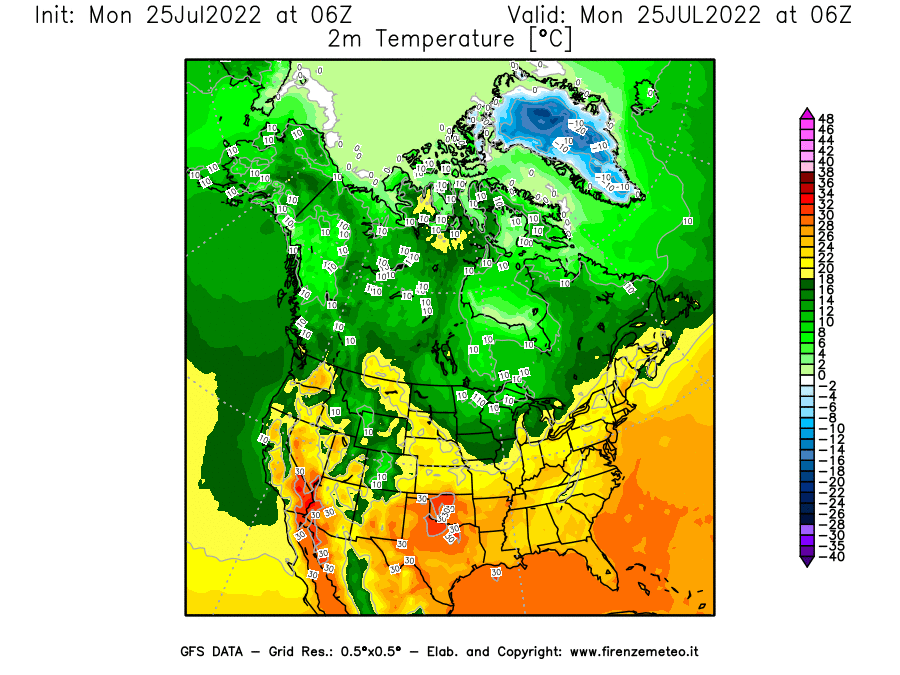 Mappa di analisi GFS - Temperatura a 2 metri dal suolo [°C] in Nord-America
							del 25/07/2022 06 <!--googleoff: index-->UTC<!--googleon: index-->