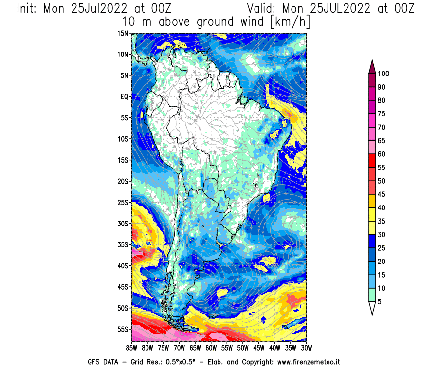 Mappa di analisi GFS - Velocità del vento a 10 metri dal suolo [km/h] in Sud-America
							del 25/07/2022 00 <!--googleoff: index-->UTC<!--googleon: index-->