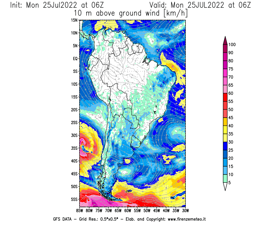 Mappa di analisi GFS - Velocità del vento a 10 metri dal suolo [km/h] in Sud-America
							del 25/07/2022 06 <!--googleoff: index-->UTC<!--googleon: index-->