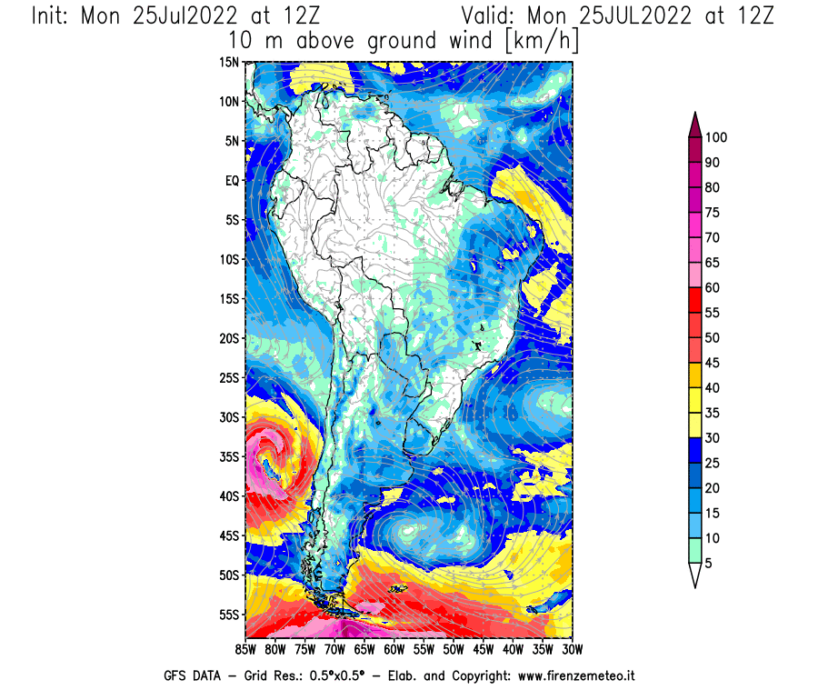 Mappa di analisi GFS - Velocità del vento a 10 metri dal suolo [km/h] in Sud-America
							del 25/07/2022 12 <!--googleoff: index-->UTC<!--googleon: index-->