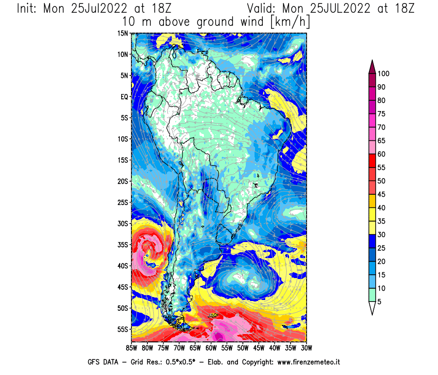 Mappa di analisi GFS - Velocità del vento a 10 metri dal suolo [km/h] in Sud-America
							del 25/07/2022 18 <!--googleoff: index-->UTC<!--googleon: index-->