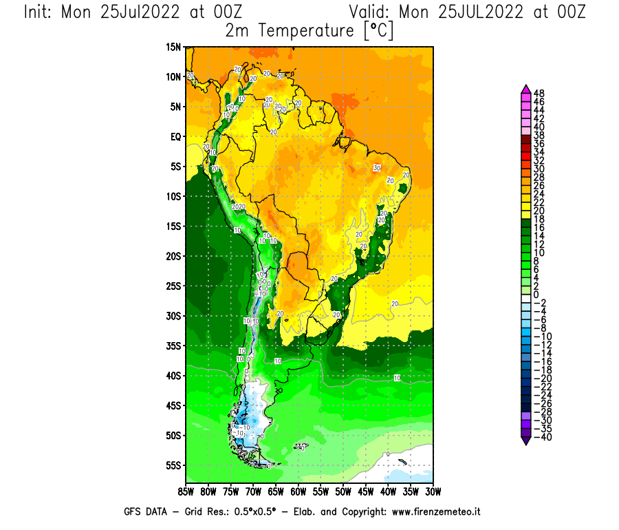 Mappa di analisi GFS - Temperatura a 2 metri dal suolo [°C] in Sud-America
							del 25/07/2022 00 <!--googleoff: index-->UTC<!--googleon: index-->