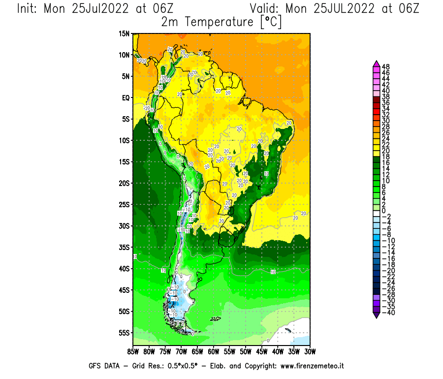 Mappa di analisi GFS - Temperatura a 2 metri dal suolo [°C] in Sud-America
							del 25/07/2022 06 <!--googleoff: index-->UTC<!--googleon: index-->