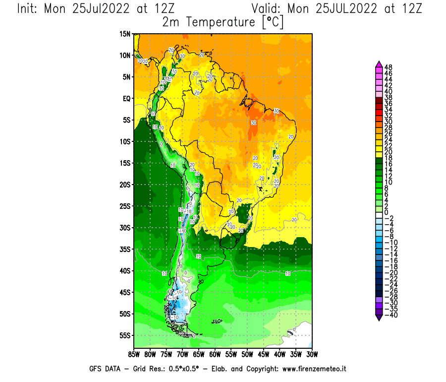 Mappa di analisi GFS - Temperatura a 2 metri dal suolo [°C] in Sud-America
							del 25/07/2022 12 <!--googleoff: index-->UTC<!--googleon: index-->