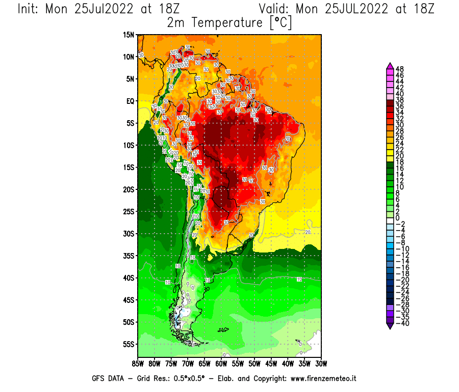 Mappa di analisi GFS - Temperatura a 2 metri dal suolo [°C] in Sud-America
							del 25/07/2022 18 <!--googleoff: index-->UTC<!--googleon: index-->