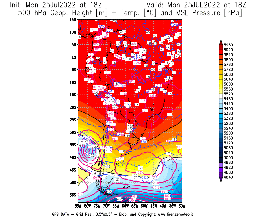 Mappa di analisi GFS - Geopotenziale [m] + Temp. [°C] a 500 hPa + Press. a livello del mare [hPa] in Sud-America
							del 25/07/2022 18 <!--googleoff: index-->UTC<!--googleon: index-->