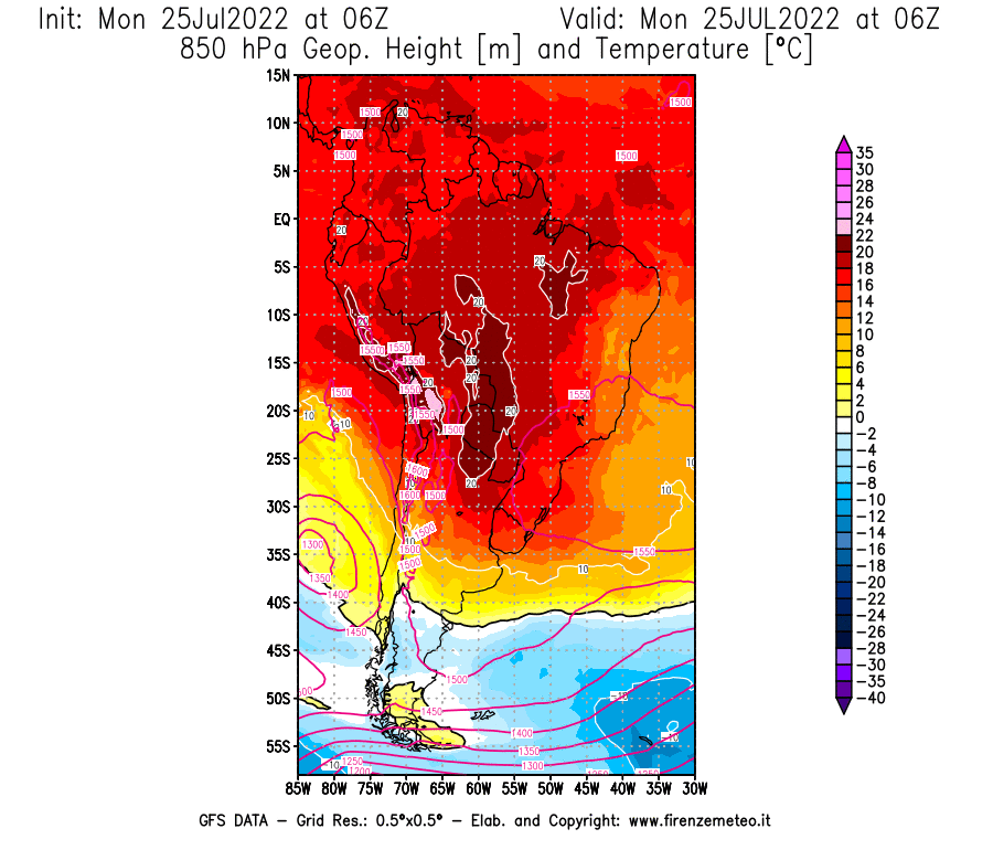 Mappa di analisi GFS - Geopotenziale [m] e Temperatura [°C] a 850 hPa in Sud-America
							del 25/07/2022 06 <!--googleoff: index-->UTC<!--googleon: index-->