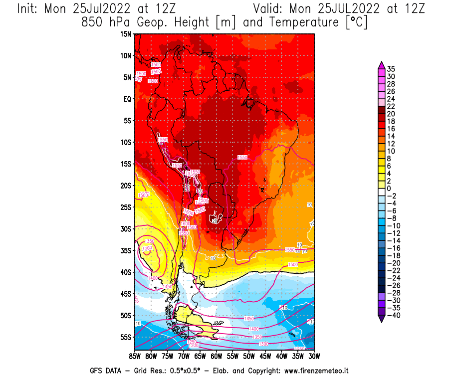 Mappa di analisi GFS - Geopotenziale [m] e Temperatura [°C] a 850 hPa in Sud-America
							del 25/07/2022 12 <!--googleoff: index-->UTC<!--googleon: index-->