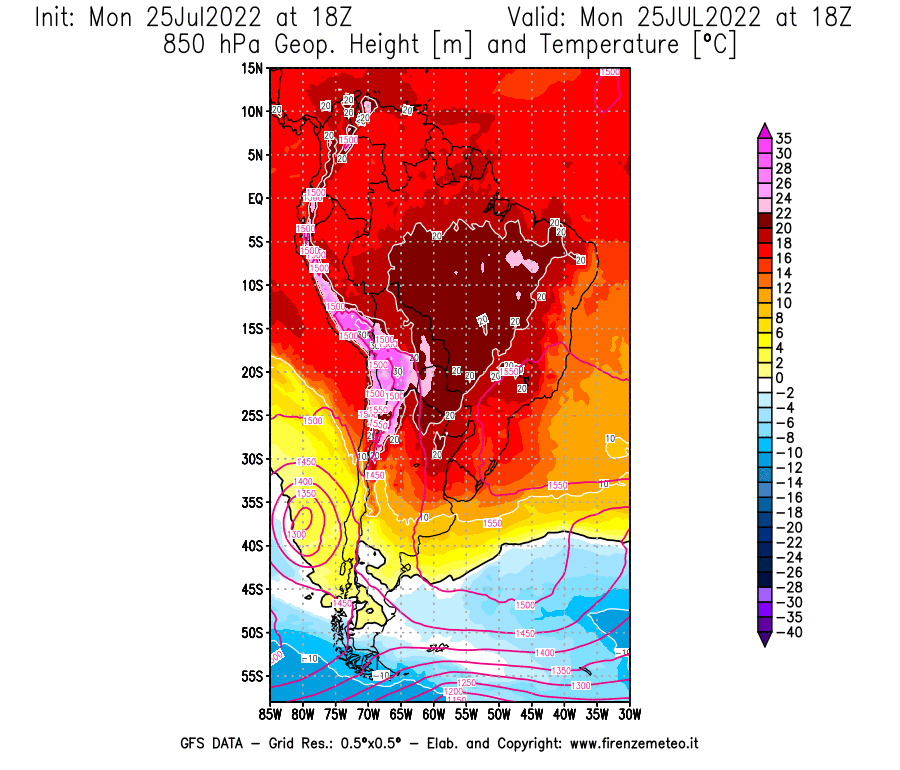 Mappa di analisi GFS - Geopotenziale [m] e Temperatura [°C] a 850 hPa in Sud-America
							del 25/07/2022 18 <!--googleoff: index-->UTC<!--googleon: index-->